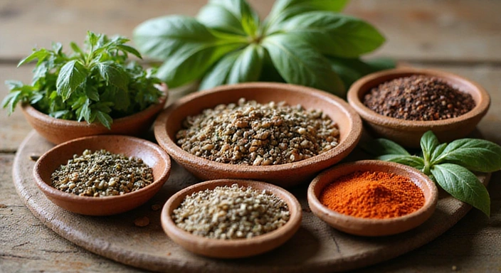 Różnorodne zioła i przyprawy w miseczkach, symbolizujące naturalne metody wspomagania zdrowia.